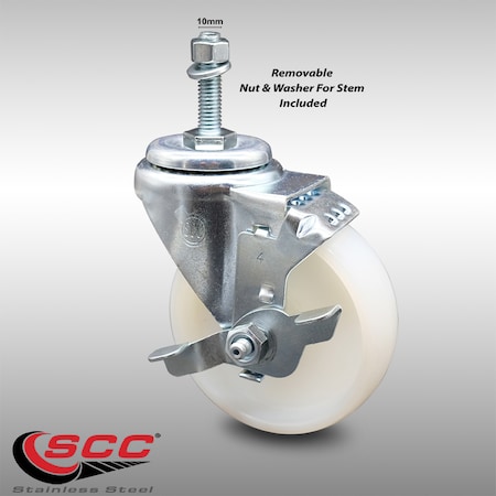 Service Caster 4 Inch SS Nylon Wheel Swivel 10mm Threaded Stem Caster with Brake SCC SCC-SSTS20S414-NYS-TLB-M1015